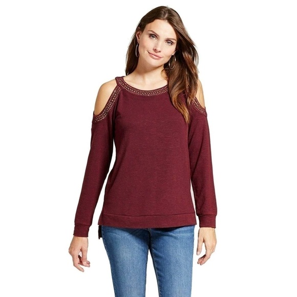 Knox Rose Tops - Knox Rose Studded Cold Shoulder Long Sleeve Maroon Blouse Women’s S